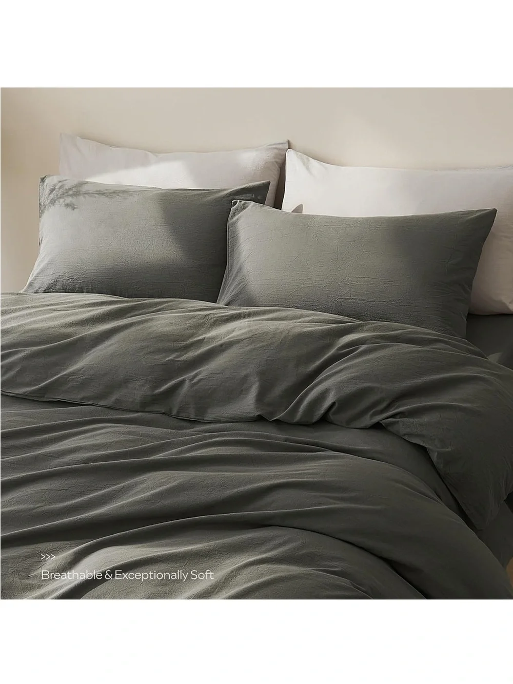 NEW JELLYMONI 100% Washed Cotton Twin Duvet Cover Set, Linen-Like Texture. Grey